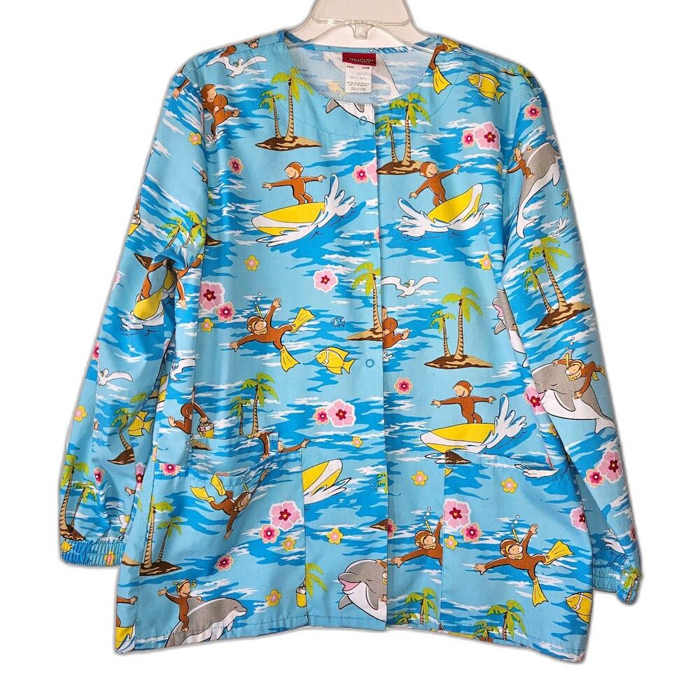 CURIOUS GEORGE Pediatric Snap Front Scrub Top Ocean Swimming